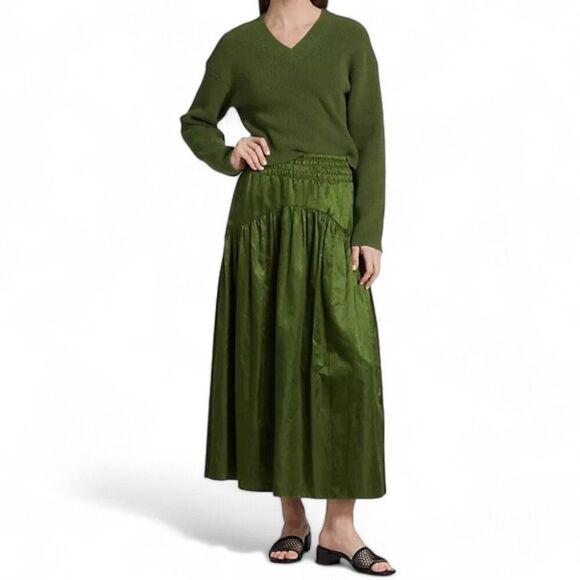 Vince Women's Size 4 Herb Metallic Green Smocked Midi Skirt - Picture 5 of 12